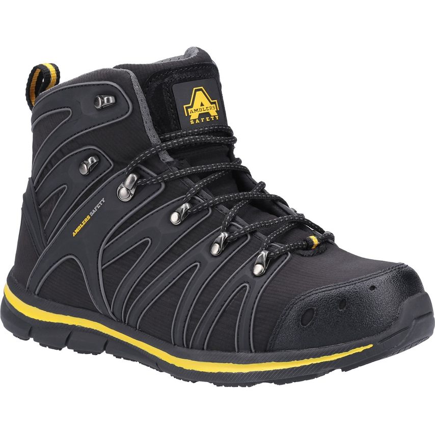 Black Amblers Safety AS254 safety boot featuring a durable upper, yellow accents, metal eyelets, and a cushioned sole for comfort and support.