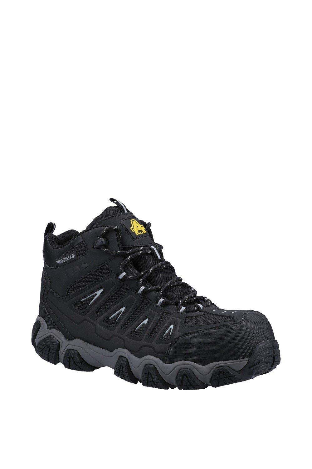 Black waterproof hiker boot featuring a sturdy design, non-metallic construction, and a rugged sole, with reflective accents and a secure lace-up closure. Size 6.