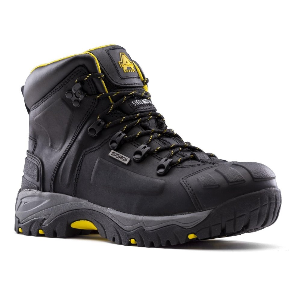 Black waterproof safety boot with yellow accents, featuring a sturdy rubber sole, reinforced toe cap, and secure lace-up design for a wide fit.