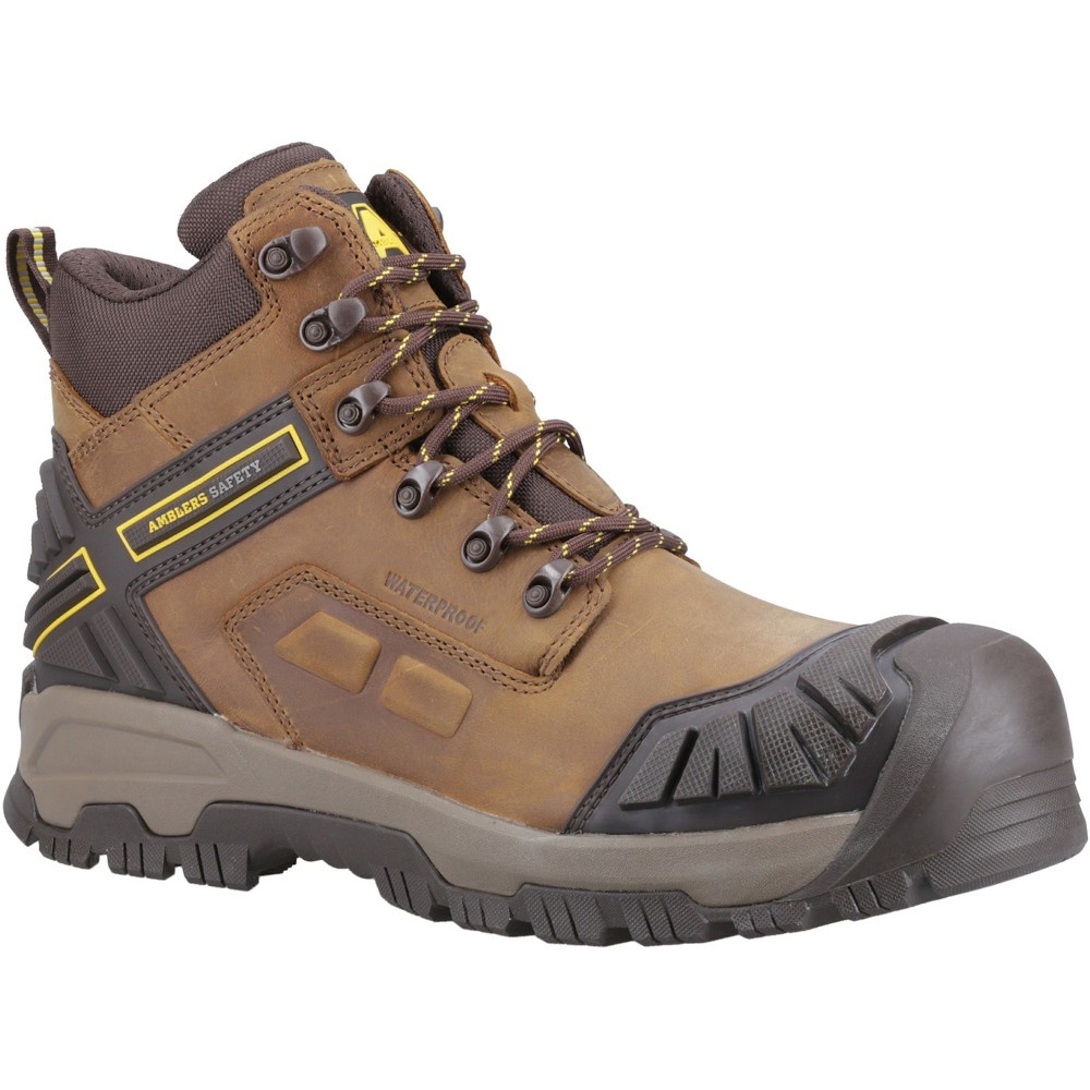 Brown leather safety boot featuring a waterproof design, reinforced toe cap, and rugged sole, with yellow accents and sturdy laces for secure fit.