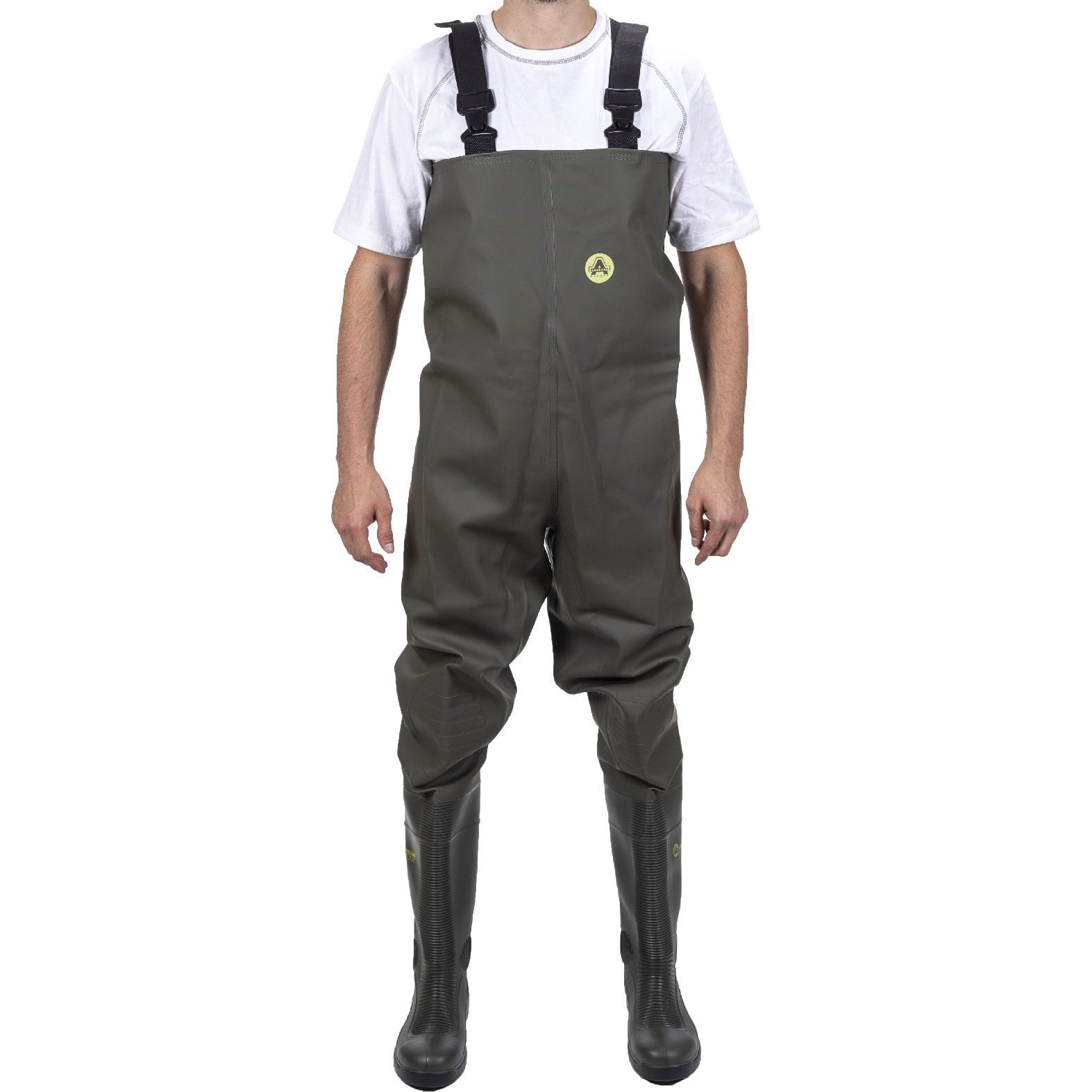 Chest-high safety waders in dark green, made from durable waterproof material, featuring adjustable straps and reinforced rubber boots for enhanced protection.