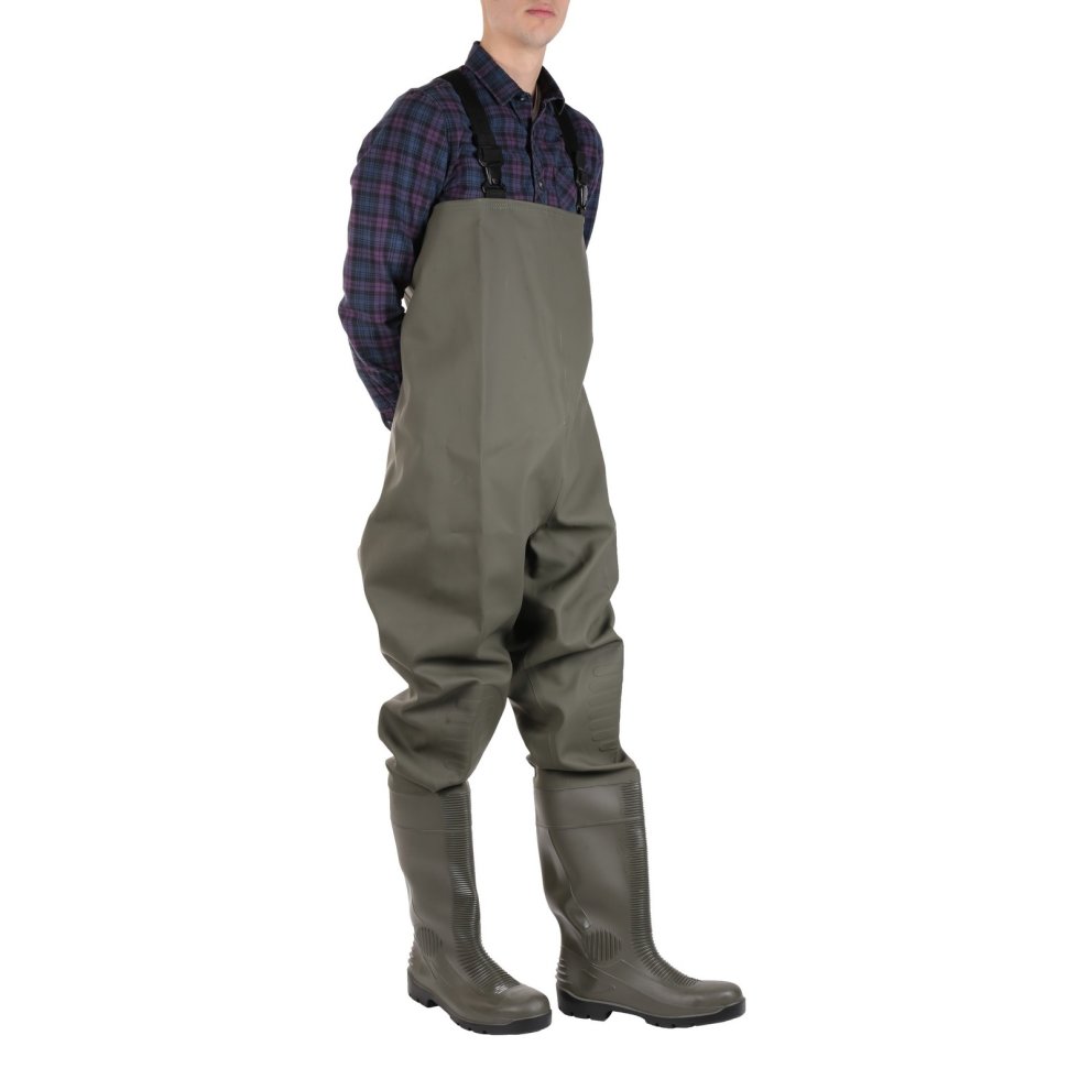 Green unisex chest waders made from durable material, featuring adjustable shoulder straps and knee-high rubber boots, ideal for safety in wet environments.
