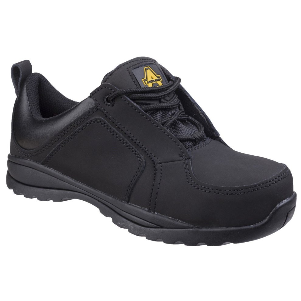 Black safety trainer featuring a durable synthetic upper, lace-up design, padded collar, and slip-resistant rubber sole for enhanced grip and comfort.