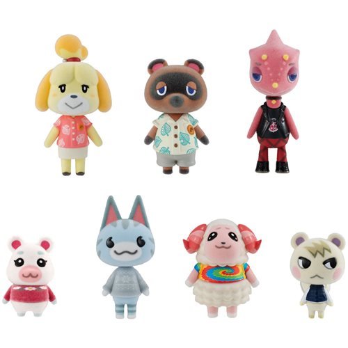 Seven colorful mini figures from Animal Crossing, featuring characters in various outfits, including a dog in a pink dress, a raccoon in a floral shirt, and a pink octopus.