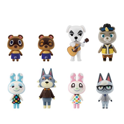 Eight colorful mini figures from Animal Crossing, featuring various characters like bears, a dog with a guitar, and bunnies, crafted from plastic with distinct outfits and expressions.
