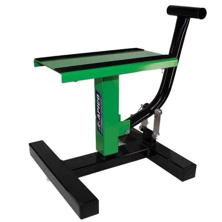 Green and black Apico Factory Lift Paddock Stand with a sturdy metal frame, a flat lifting platform, and a handle for easy maneuverability.