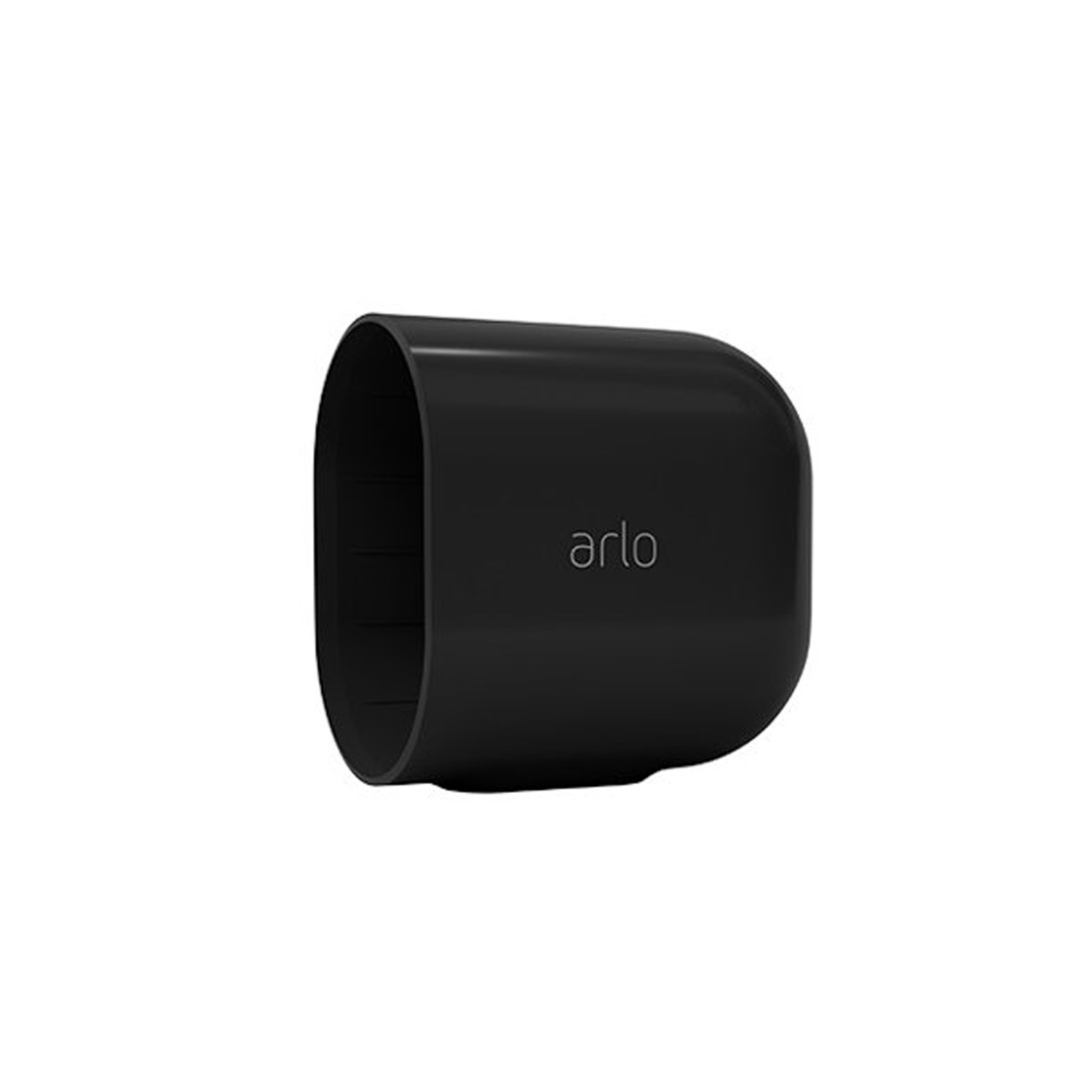 Black camera housing by Arlo, featuring a smooth, rounded design with a matte finish and the brand name "arlo" embossed on the side.