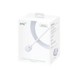 White packaging for the Arlo 25ft outdoor magnetic charging cable, featuring a sleek design and clear product details on the box.