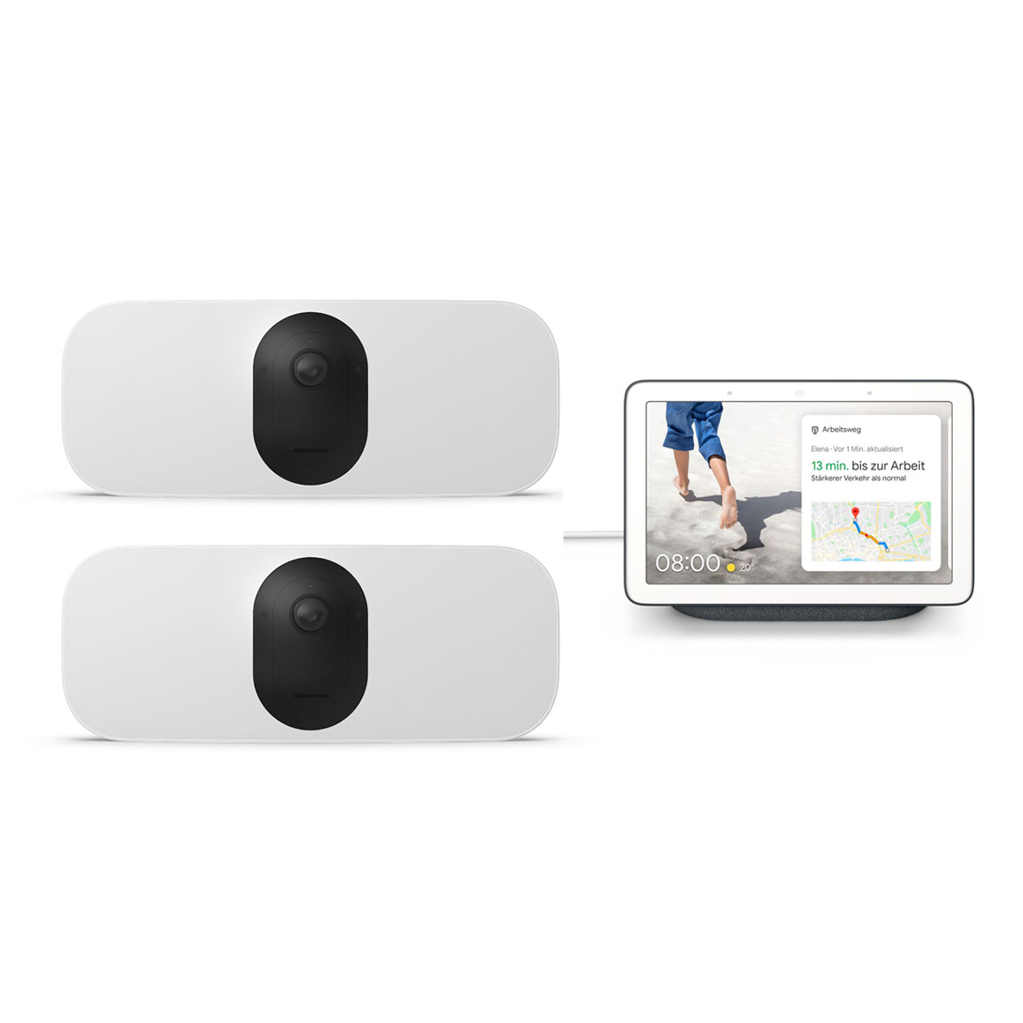 White Arlo Pro 3 floodlight outdoor security camera with a sleek design, featuring a black lens and integrated floodlight, alongside a smart display showing a weather update.