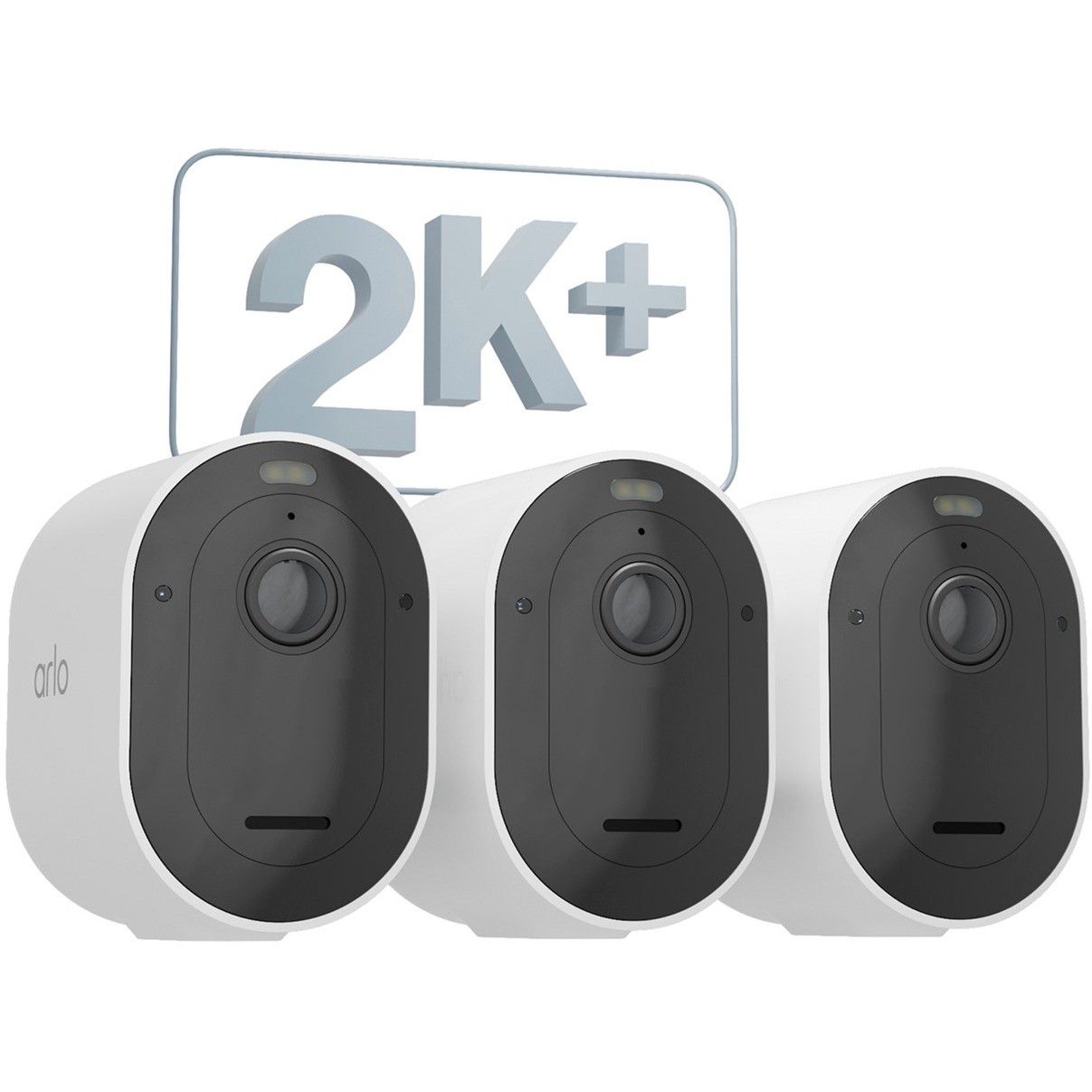 Three Arlo Pro 5 2K+ outdoor security cameras in white and black, featuring a sleek design, lens, and indicator light, with a "2K+" logo displayed above.