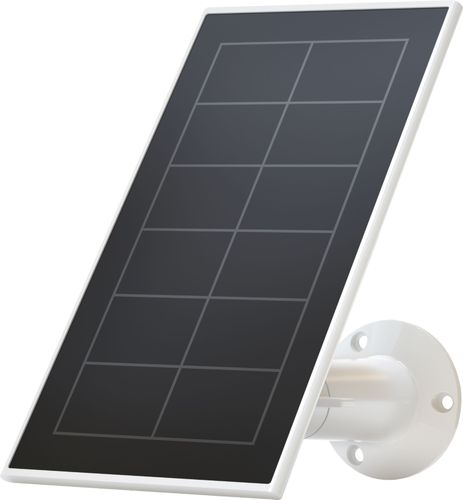 Arlo Essential Solar Panel VMA3600-10000S features a sleek black solar surface with a white frame, designed for outdoor use, mounted on a circular white wall bracket.