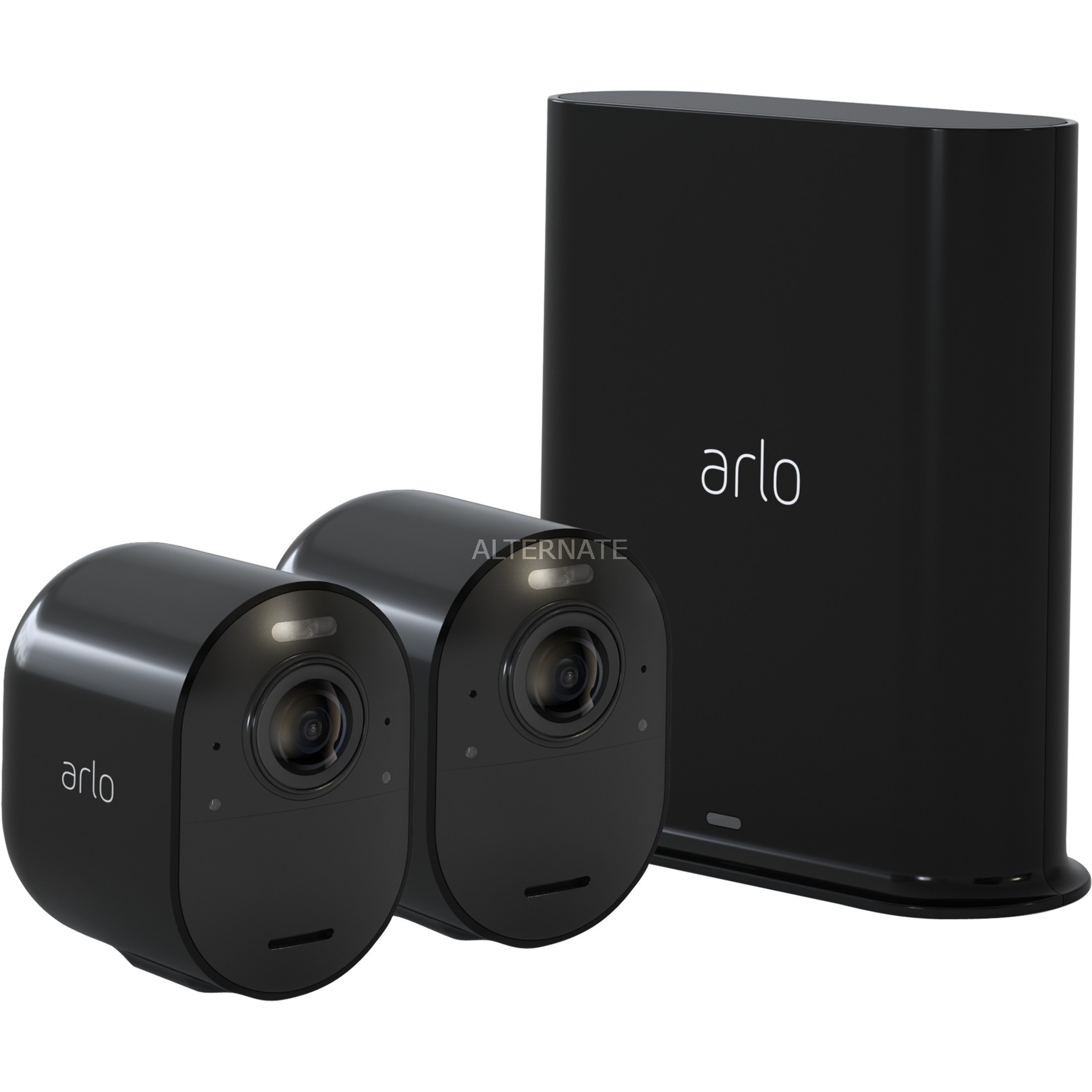 Two black Arlo Ultra 2 outdoor security cameras with a sleek design, accompanied by a matching black base station, showcasing their compact size and modern aesthetic.