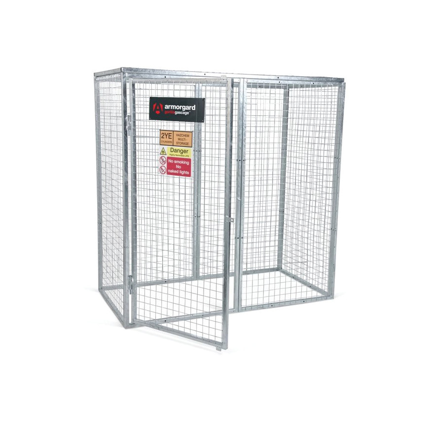 Galvanized steel gas cage with a bolt-together design, measuring 1800 x 900 x 1800mm, featuring a double door and warning signs for safety.