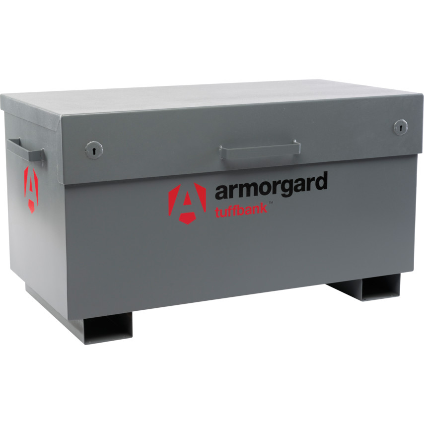 Grey metal site box with a flat lid, featuring a red Armorgard logo and TuffBank branding, designed for secure storage, measuring 1150 x 615 x 930mm.