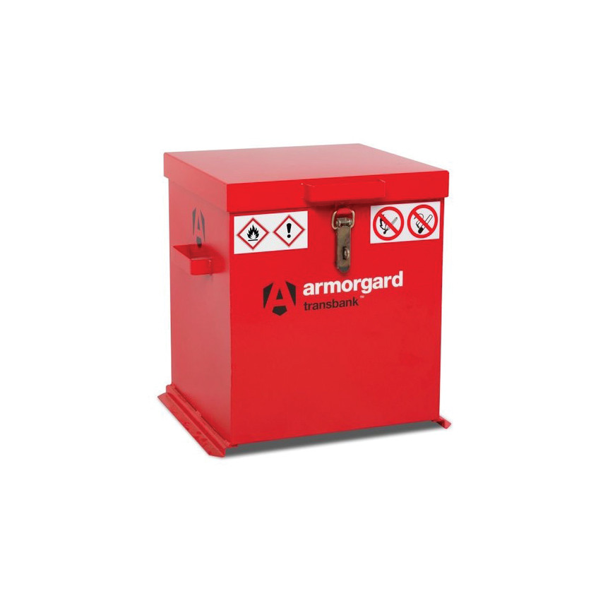 Red metal hazard transport box with a flat top, featuring a lock, warning symbols for flammable materials, and the Armorgard logo on the front. Dimensions are 520 x 480 x 520mm.