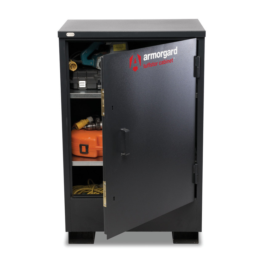 Black steel Armorgard TSC2 TuffStor™ cabinet with a red logo, featuring a single door open to reveal tools and equipment inside, measuring 800 x 580 x 1250mm.