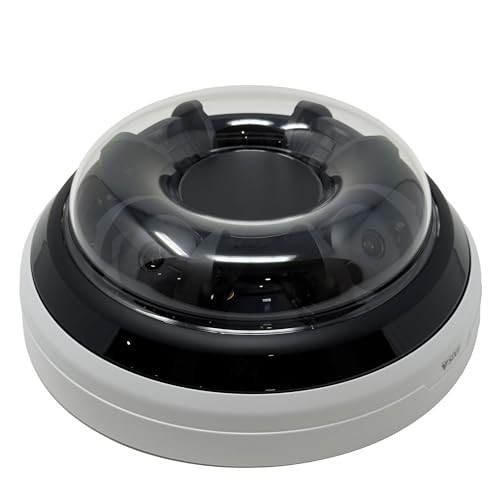 AXIS P3748-PLVE is a compact, dome-shaped surveillance camera with a glossy black top and a white base, featuring multiple lenses visible through the transparent dome.
