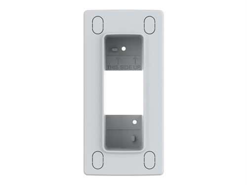 Gray surface mount box with a rectangular opening, four mounting holes, and "THIS SIDE UP" text on the interior, designed for secure installation of AXIS devices.