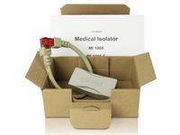Grey medical isolator with a red connector, packaged in a cardboard box alongside an instruction manual, featuring a compact design for medical use.