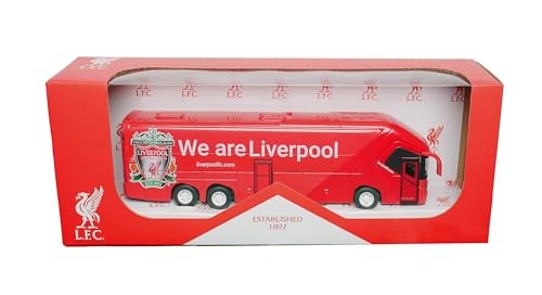 Red Liverpool FC team bus toy by Banbo Toys, featuring the club logo and "We are Liverpool" text, packaged in a red box with white accents.