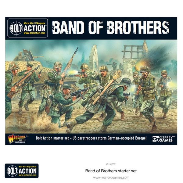 Bold Action Starter Set features US paratroopers in action, with soldiers in green uniforms and helmets, set against a war-torn backdrop, showcasing dynamic poses and detailed miniatures.