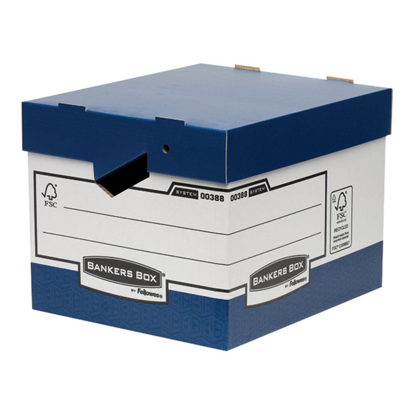 Blue heavy-duty ERGO-Box with a sturdy design, featuring a top lid, a label area, and reinforced edges, packaged in a set of 10 by Bankers Box.