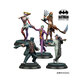 Four detailed miniature figures from the "Batman Miniature Game: Asylum Villains," featuring vibrant colors and dynamic poses, including the Joker, Harley Quinn, and others on circular bases.