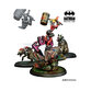 Harley Quinn miniature in vibrant colors, featuring her iconic jester outfit, wielding a mallet, accompanied by two playful hyenas on a detailed base.