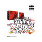 Batman Miniature Game Two-Player Starter Box features a vibrant red and black box design, with various miniature figures, tokens, and game pieces spread out on a white background.