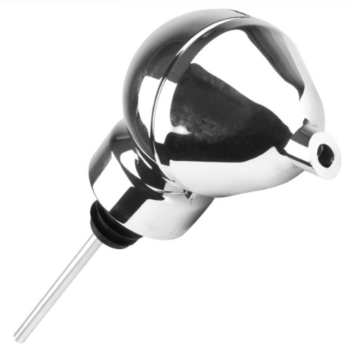 Shiny stainless steel pourer with a rounded top and a spout, featuring a black rubber stopper for secure fitting, designed for precise pouring of liquids.