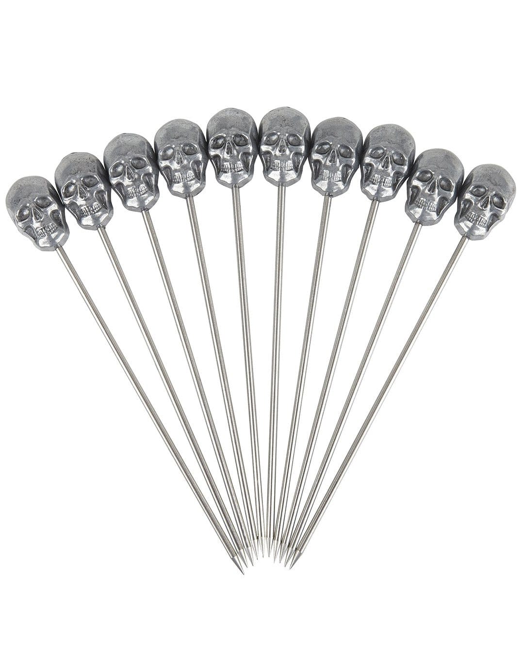 Set of 10 stainless steel cocktail picks with metallic skull-shaped tops, perfect for garnishing drinks or appetizers.