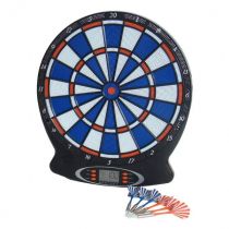 BEX Devil II Electronic Dart Board features a circular design with blue and red segments, a digital display at the bottom, and includes several darts in vibrant colors.