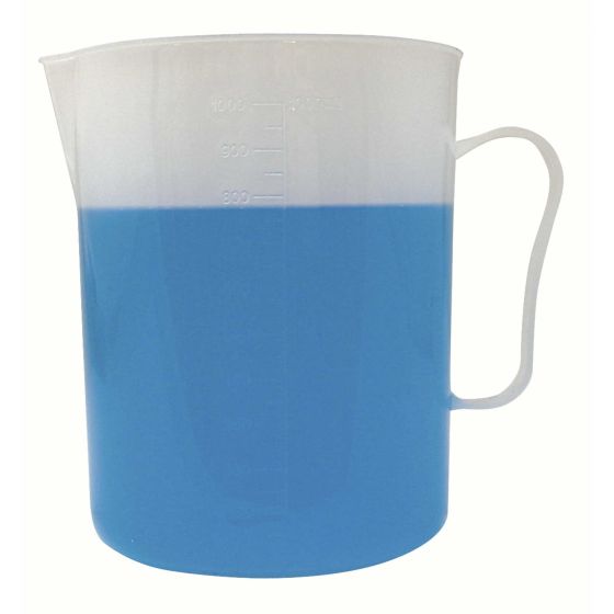 Transparent plastic measuring beaker with a handle, featuring a graduated scale in milliliters, filled with blue liquid, marked up to 1000 ML.