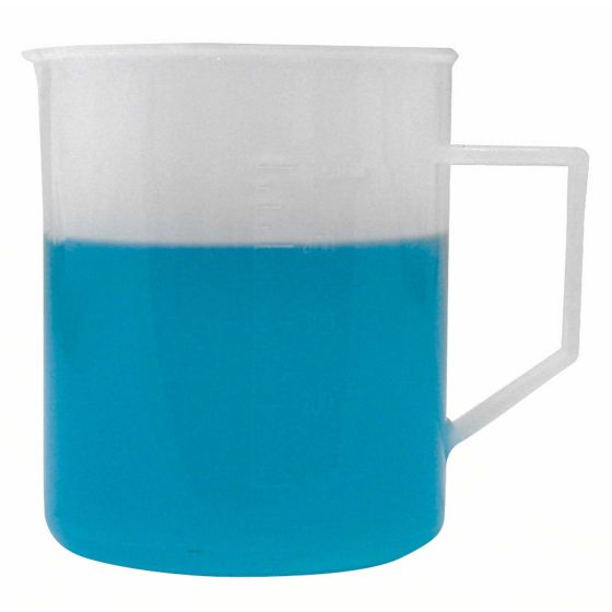 Transparent graduated measuring beaker with a white top and blue liquid, featuring a sturdy handle and clear measurement markings on the side, holding 500 ML capacity.