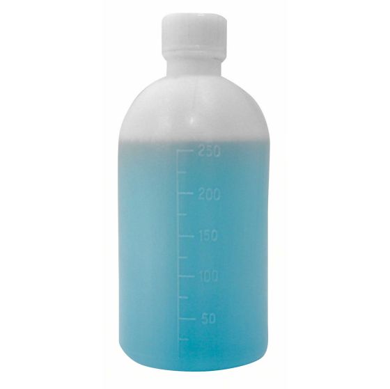 Graduated measuring bottle in translucent white and blue plastic, featuring clear measurement markings up to 250 ML, with a white stopper and cap.