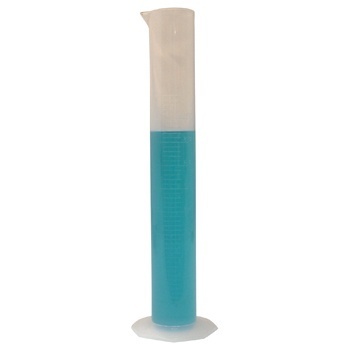 Transparent graduated measuring cylinder with a capacity of 250 ML, featuring a blue liquid inside, a spout for pouring, and marked measurements along the side.