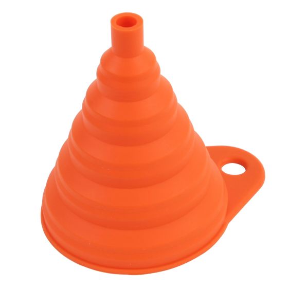 Bright orange silicone funnel with a conical shape, featuring ribbed sides and a small handle for easy pouring and storage.