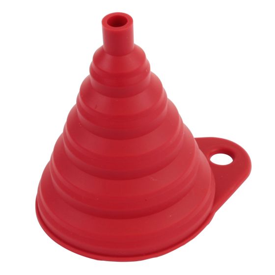 Red silicone funnel with a tapered design, featuring a small spout at the top and a side hole for easy handling, ideal for transferring liquids or small items.