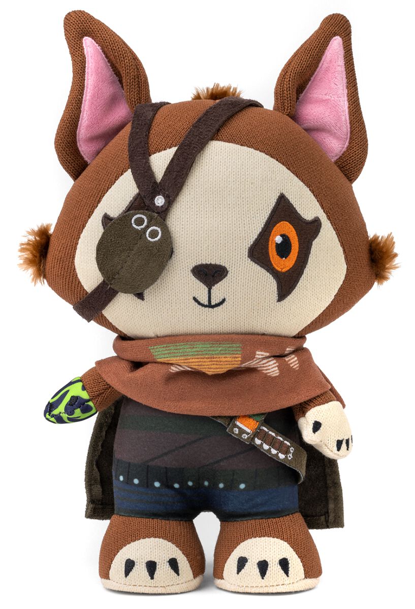 A brown and cream plush toy with large ears, an eye patch, and a bandana, featuring colorful details like a green paw and a small weapon accessory.