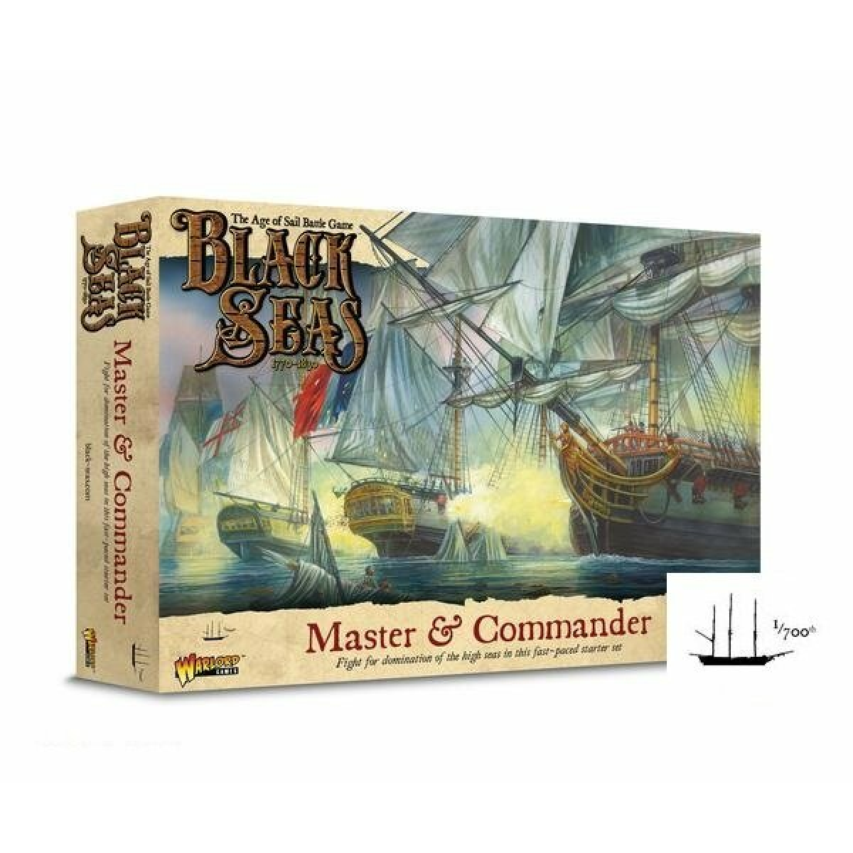 Black Seas Master & Commander Starter Set features a colorful box with naval battle artwork, showcasing detailed ships and vibrant sails, along with a scale illustration of a ship.