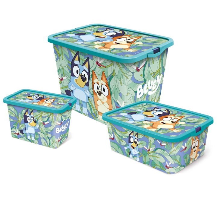Three colorful storage bins featuring Bluey characters, with a vibrant leaf pattern; the largest bin is turquoise with a lid, while the smaller ones are in matching colors.