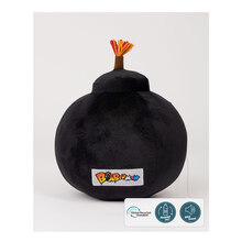 Soft, round black plush bomb with a bright orange fuse, featuring a colorful "Bomberman" logo on the front and a sound feature for added playfulness.