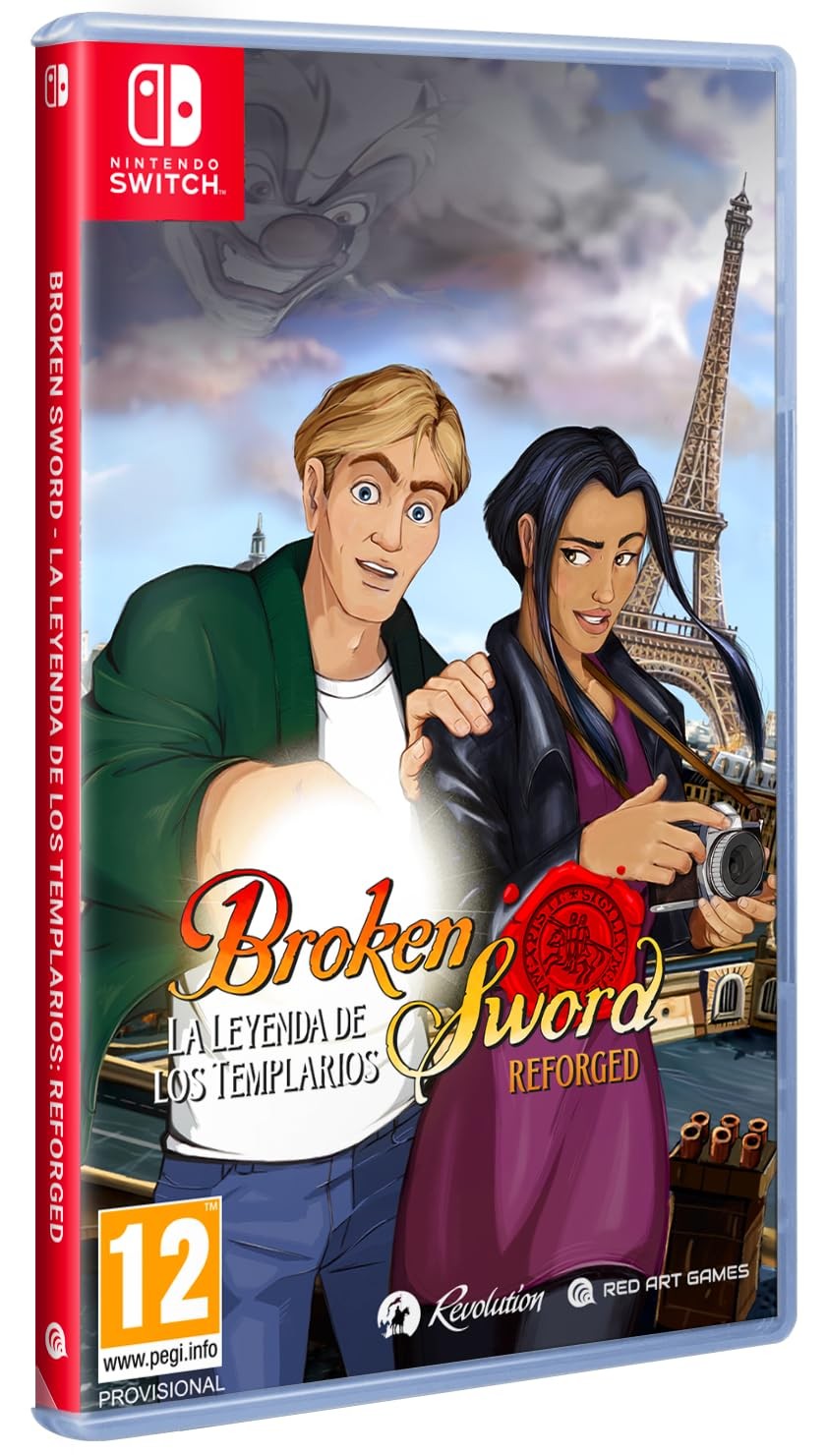 Cover art features two characters, a blonde man and a dark-haired woman, set against a backdrop of the Eiffel Tower, with vibrant colors and the title "Broken Sword - Reforged" prominently displayed.