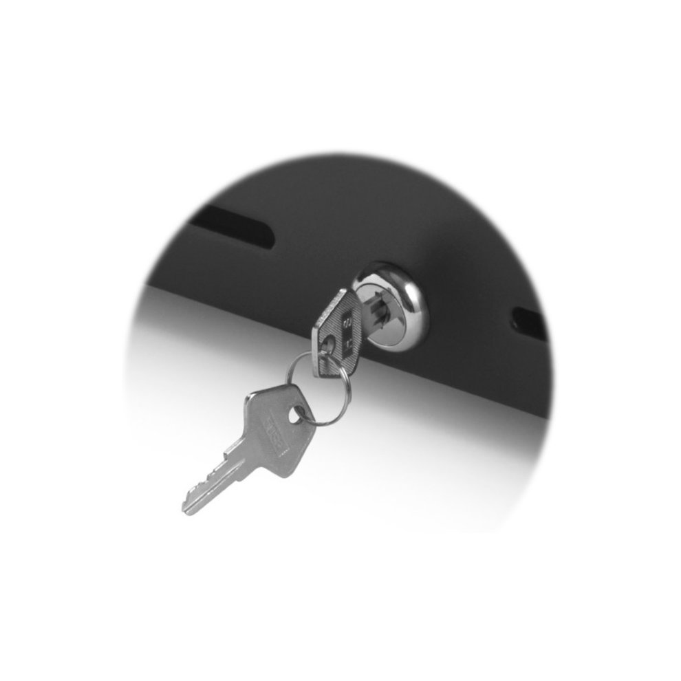 Black metal cash drawer lock with two keys inserted, featuring a round keyhole and a sleek, modern design.
