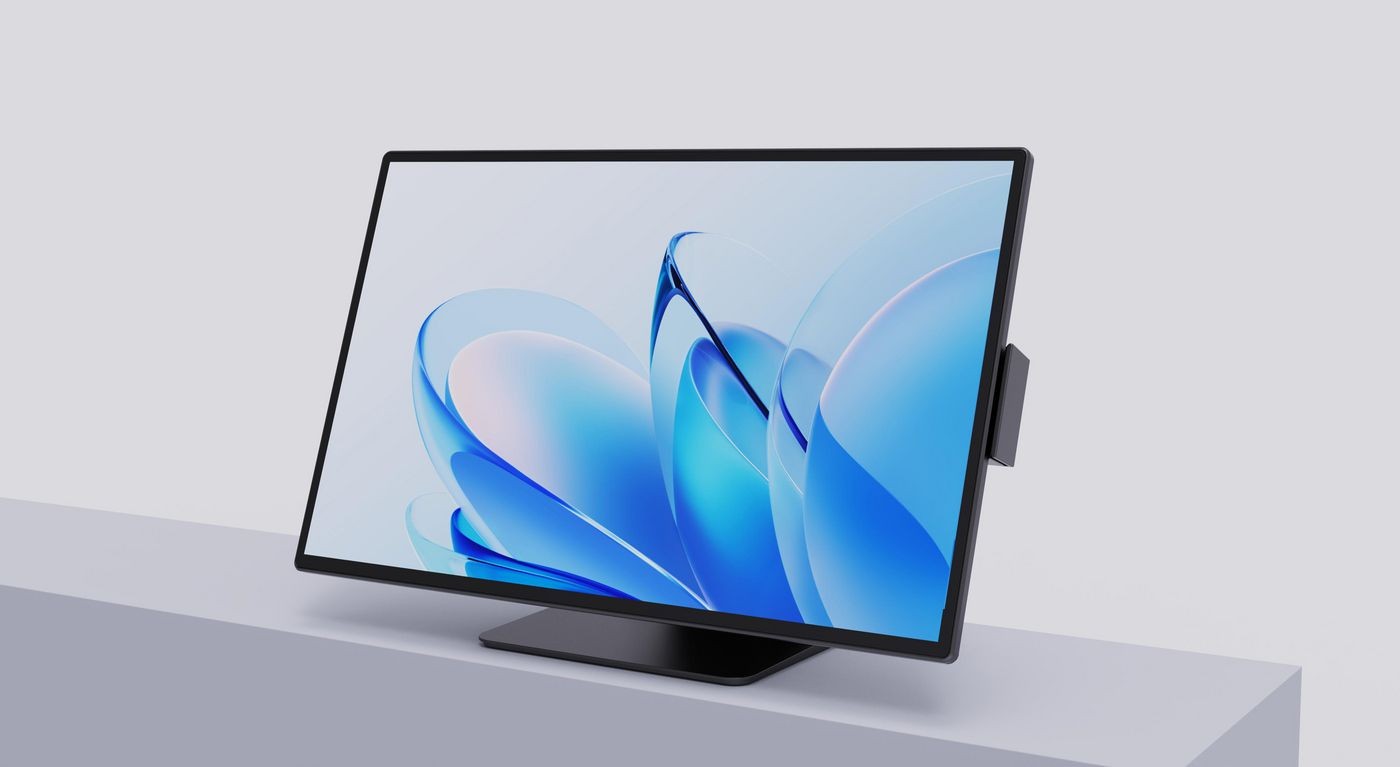 Sleek black POS system monitor with a vibrant blue and white abstract display, featuring a slim profile and adjustable stand on a light gray surface.