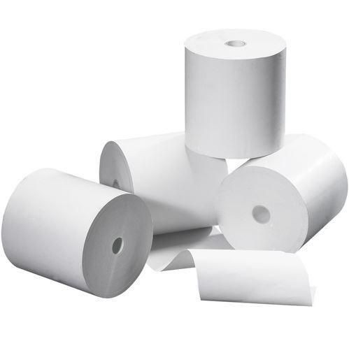 White thermal receipt rolls stacked, featuring a central hole, dimensions 57x70x12 mm, with a total length of 61 meters, suitable for various printing needs.