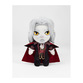 Plush Dracula from Castlevania features gray hair, yellow eyes, and a red and black cape, with a soft, detailed fabric design.