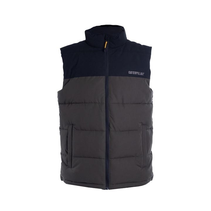 Green Caterpillar Arctic Zone vest featuring a padded design, high collar, zippered front, and side pockets, with a contrasting navy blue upper section and logo on the chest.