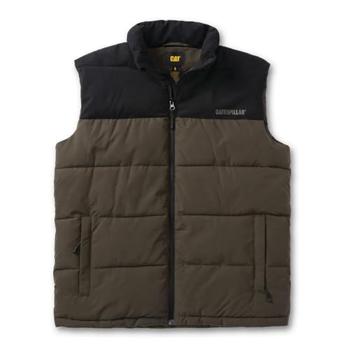 Green and black Caterpillar Arctic Zone vest featuring a zip front, padded design, and logo on the chest, ideal for warmth and layering in cold weather.