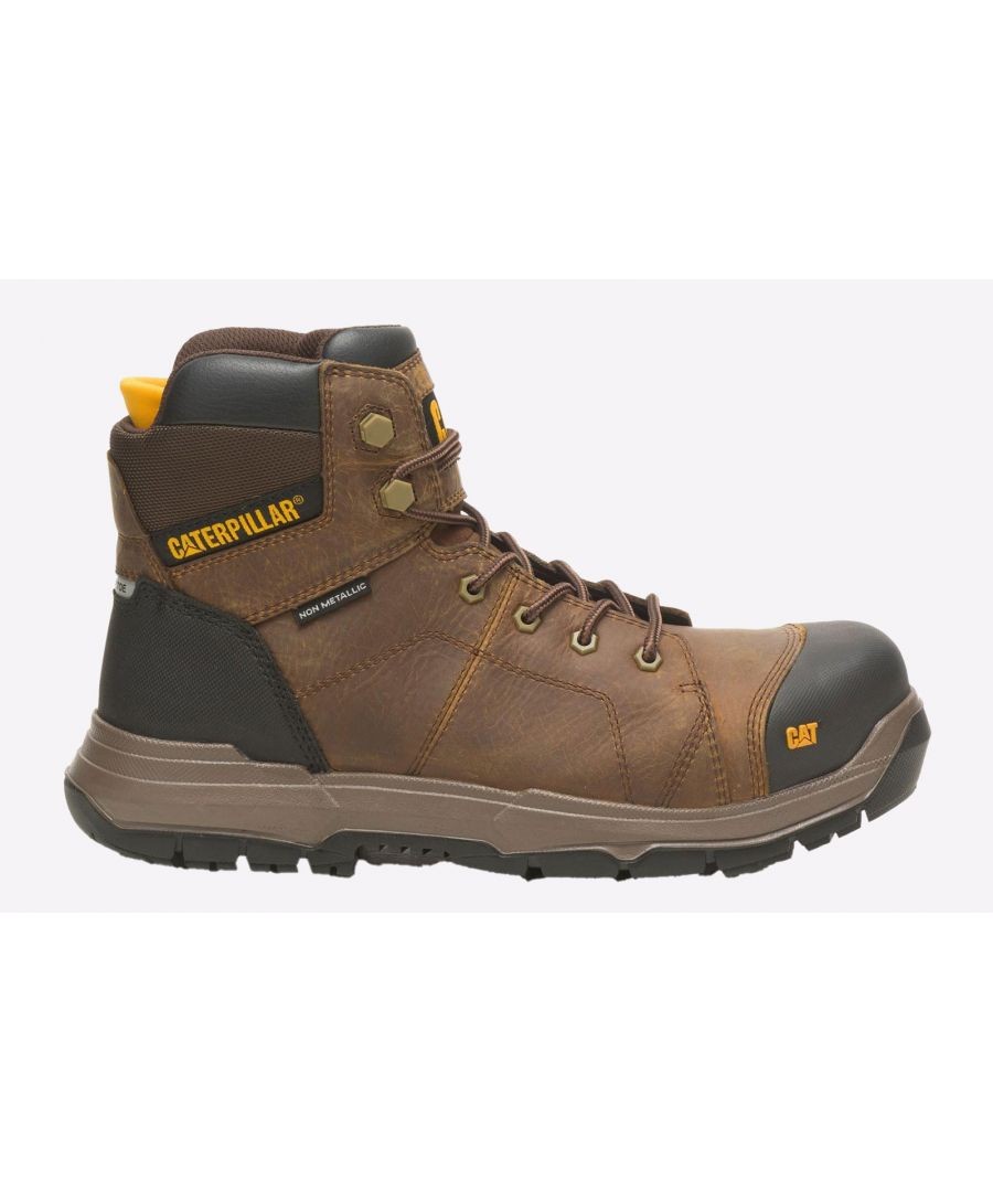 Tan waterproof Caterpillar Safety Crossrail 2.0 boots for men, featuring a sturdy design, lace-up front, padded collar, and reinforced toe, size UK 9.